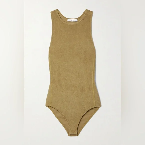 Tibi Summer Terry Crewneck Racerback Bodysuit in Cumin - Picture 5 of 8